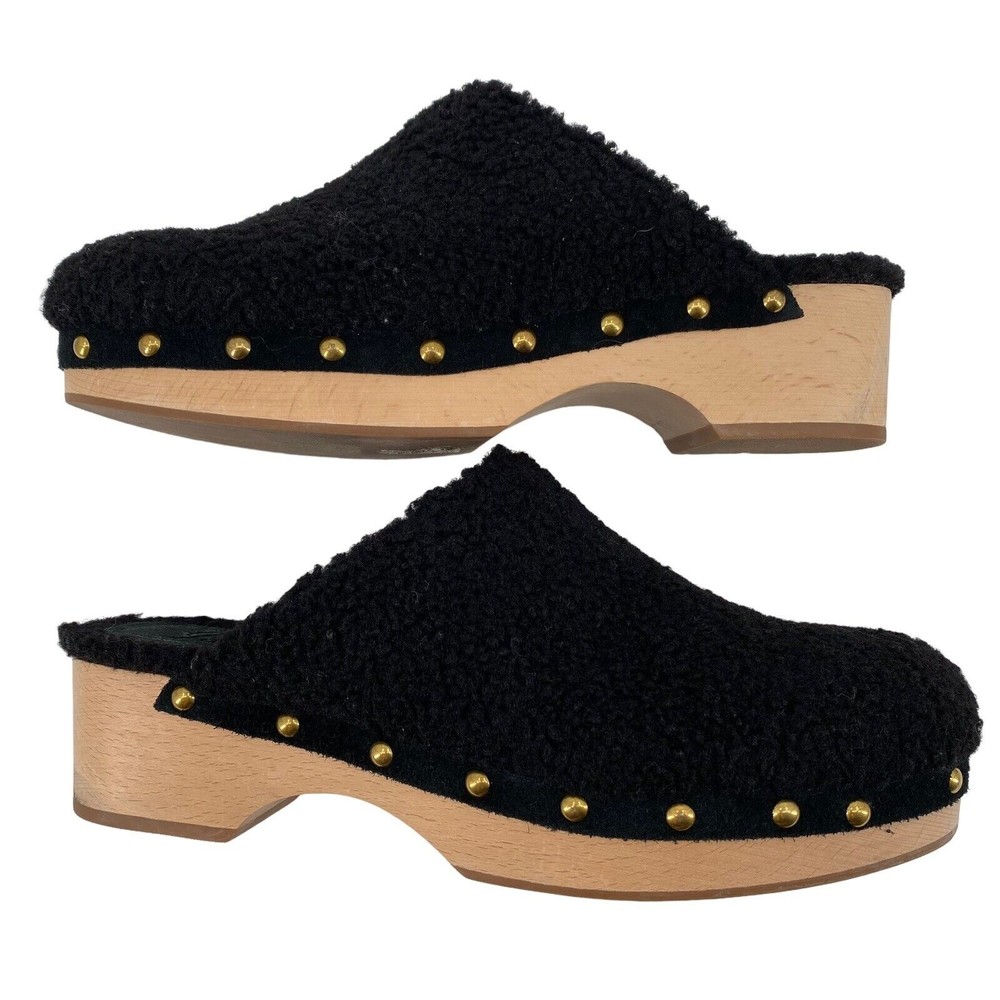 J. Crew Womens Size 11 Leather Clogs Mules Slip On Sherpa Black